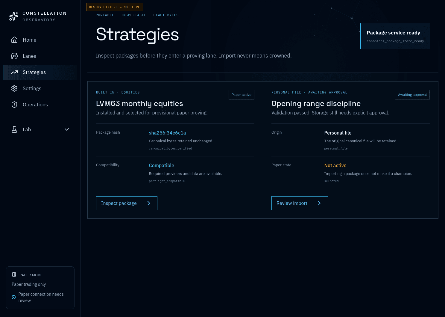 Constellation Strategies showing an active built-in strategy and a personal strategy awaiting approval